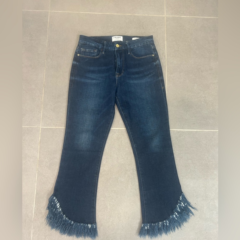 Frame Le Crop Mini Boot Cut Shredded Raw Hem Jeans Bayberry Size 28 NWOT